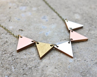 Pennant Wood Necklace // Gold and Peach Bunting Necklace // Reversible // Bib Necklace // Wood Necklace // Geometric Necklace