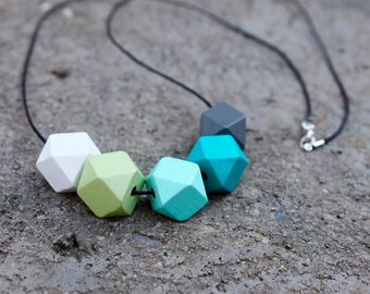 Geometric Wood Necklace // Blue Faceted Wooden Necklace Hand Painted // Hedron Necklace - Aqua, Mint, Green // Ombre Necklace