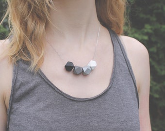 Geometric Wood Necklace // Black and White // Faceted Hand Painted Necklace // Hedron Necklace - Gray Scale // Neutral Necklace