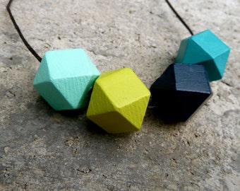 Geometric Wood Necklace // Hand Painted Wood // Facted Hedron Wooden // Navy, Aqua, Lime