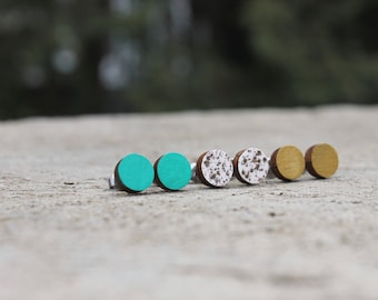 Geometric Wood Earrings // Multi Earrings // Wood Earrings // Circle Earrings // Emerald - Gold - White Sparkle Studs