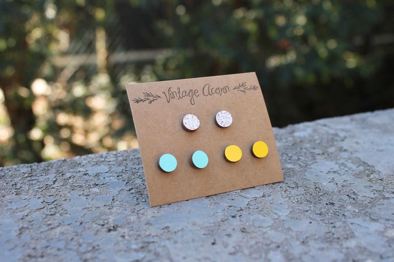 Geometric Wood Earrings Multi Earrings Mint Wood Earrings Sparkle Earrings Circle Earrings Mint Mustard White Sparkle Studs