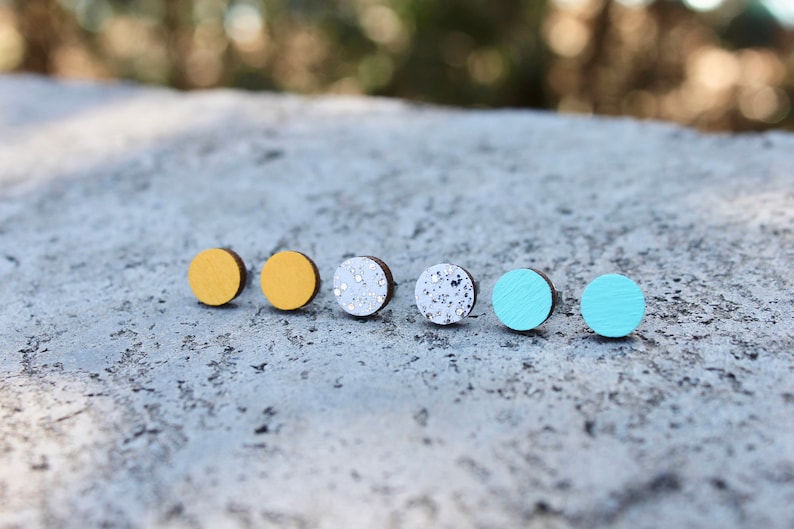 Geometric Wood Earrings Multi Earrings Mint Wood Earrings Sparkle Earrings Circle Earrings Mint Mustard White Sparkle Studs