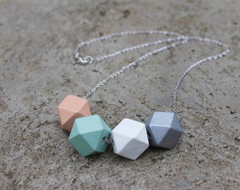 Mint + Peach Geometric Wood Necklace // Faceted Necklace // Hedron Necklace //  Peach - Mint - Silver // Hand Painted Necklace