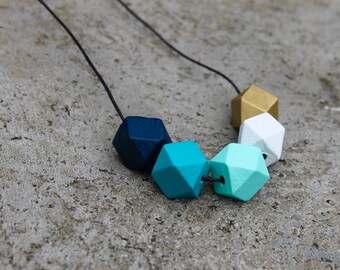 Geometric Wood Necklace // Faceted Hand Painted Necklace // Hedron Necklace // Navy - Teal - Mint - Gold // Wood Bead Necklace