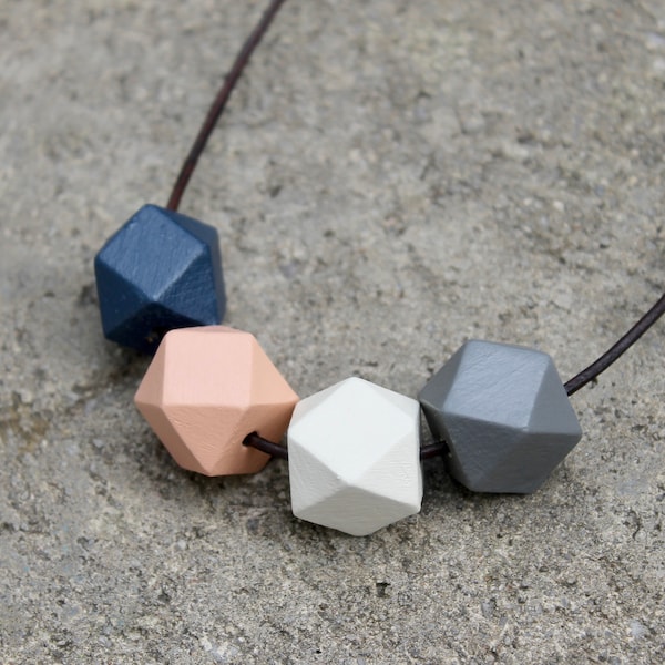 Geometric Wood Necklace // Faceted Hand Painted Necklace // Hedron Necklace // Navy, Peach, Grey // Chunky Bead Necklace // Statement