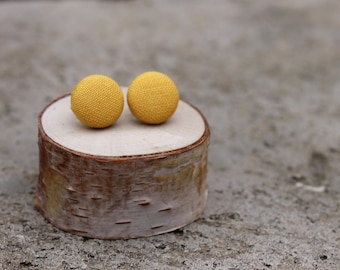 Mustard Fabric Button Earrings // Vintage Studs // Fabric Earrings // Yellow Earrings // Covered Button Earrings // Retro Studs