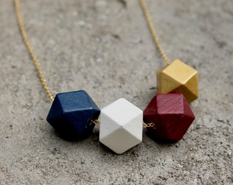 Geometric Wood Necklace // Navy + Burgundy Faceted Necklace // Statement Chunky Bead Necklace // Navy - Burg. - Gold // Hand Painted