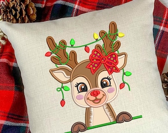 Peeking Christmas Reindeer Appliqué, Holiday Lights Machine Embroidery Design, Kids Christmas Shirt File