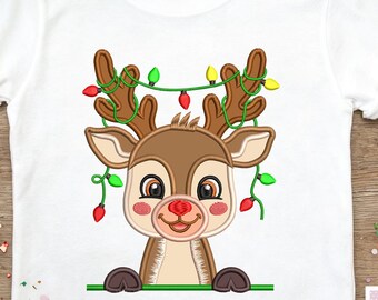 Peeking Christmas Reindeer Applique, Holiday Lights Machine Embroidery Design, Kids Shirt File