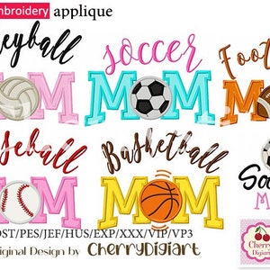 May include: Machine embroidery applique designs for "Mom" with different sports themes: volleyball, soccer, football, baseball, basketball. Each design features the word "MOM" in a colorful, outlined font with a corresponding sports ball.