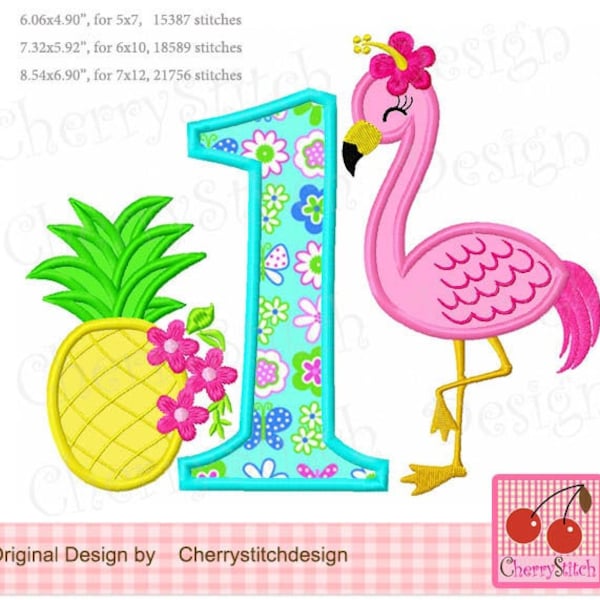 Flamingo numéro d'ananas 1, numéro d'anniversaire 1 Machine Embroidery Design BIR0293