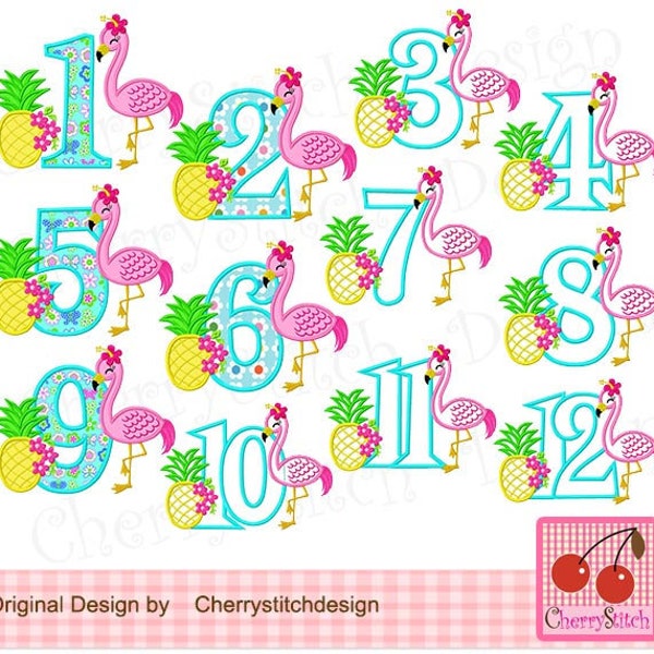 Broderie flamant rose ananas numéros 1 à 12 anniversaire broderie machine ND96