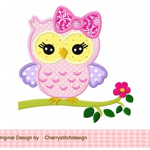 Owl applique Girly owl Machine Embroidery Applique image 1