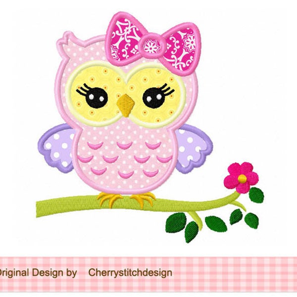Owl applique Girly owl Machine Embroidery Applique