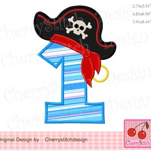 Pirate Number 1 Birthday Machine Embroidery Applique Design  - for 4x4,5x7 and 6x10 hoop