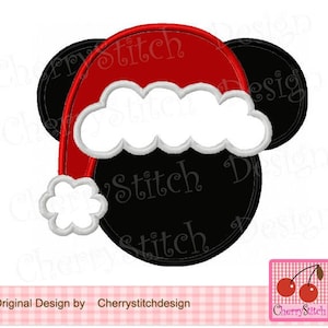 May include: Black and red Mickey Mouse ears with a white and red Santa hat. The hat has a white pom-pom on the end.