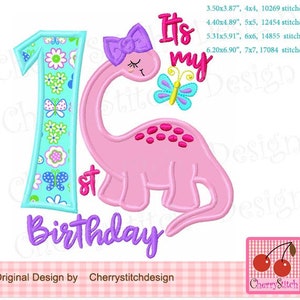 Dinosaur Number 1 Birthday Applique: Girl Embroidery Design (BIR0308)