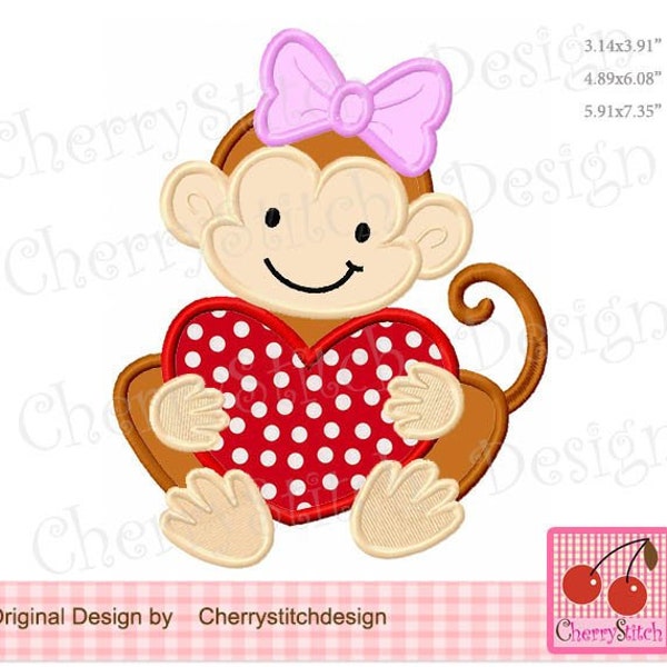 Valentnien's Day Baby Monkey girl Machine Embroidery Applique Design VTN81