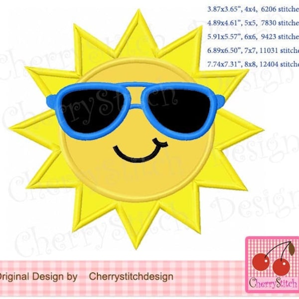 Applique Sun with Sunglasses, Sunshine Summer Machine Embroidery SUN72
