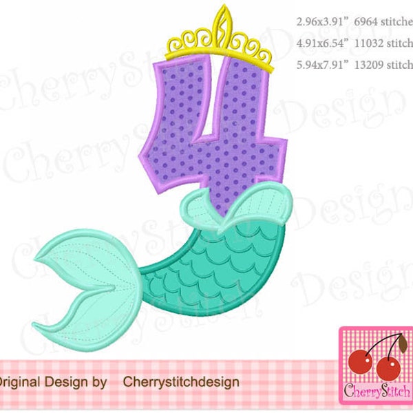 Mermaid tail Number 4, Mermaid number 4, Birthday Princess Machine Embroidery Design BIR0250