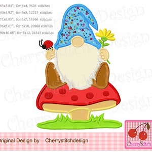 May include: A blue and white gnome with a red and white polka dot mushroom hat sits on a red mushroom with white polka dots. The gnome is holding a yellow flower. The mushroom is on a patch of green grass. The image includes the text "Original Design by Cherrystitchdesign" and "Cherry Stitch".