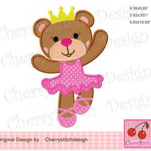 May include: A brown teddy bear wearing a pink polka-dot tutu, ballet shoes, and a gold crown. The bear is in a dancing pose with its arms raised. The design is an embroidery pattern.