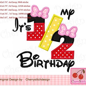 May include: It's My 1 1/2 Birthday embroidery design featuring the numbers 1 and 2 with red and white polka dots, yellow and white polka dots, and pink bows.