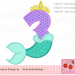 Mermaid tail Number 3 Applique Princess Birthday Machine Embroidery