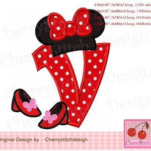 May include: Red and white polka dot letter V with a black and red Minnie Mouse head and bow on top. Two red shoes with pink bows are below the letter. The image includes the text "Original Design by Cherrystitchdesign" and "Cherry Stitch".