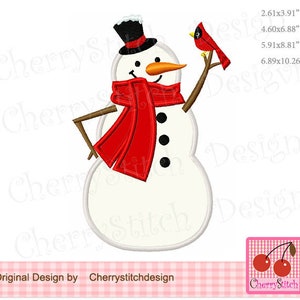 May include: A white snowman with a red scarf and black buttons, wearing a black top hat with a red band. The snowman is holding a branch with a red cardinal perched on it.