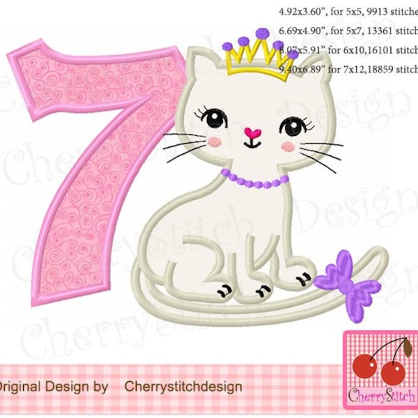 Kitty Number 7, Princess Kitty cat, Birthday number 7 Machine Embroidery Applique ND101