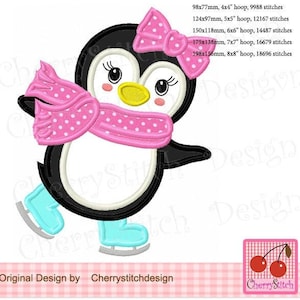 Christmas Skating Penguin Machine embroidery applique design for girls