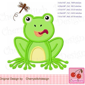 May include: Green frog embroidery design with a tongue sticking out and a dragonfly flying above. The design is available in multiple sizes.