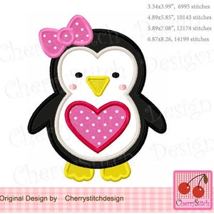 Penguin with heart Machine Embroidery Applique Design -4x4 5x5 6x6"