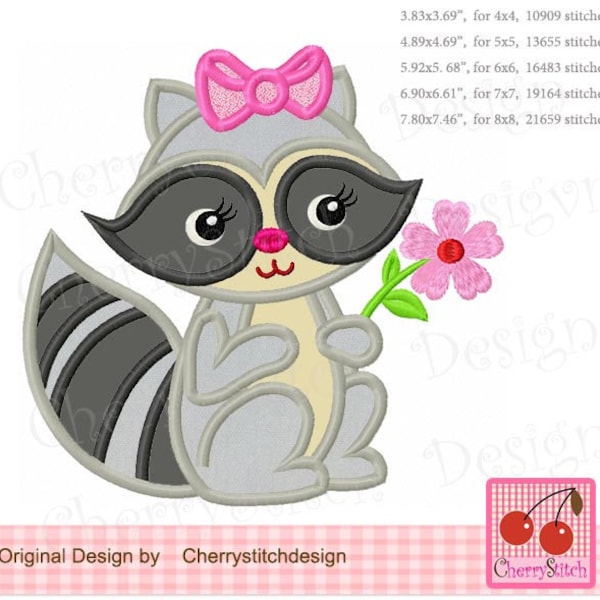 Raccoon girl Machine Embroidery Applique AN0486