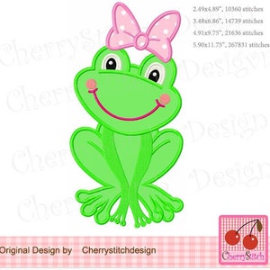 Frog Applique, Frog with big bow machine embroidery applique AN0312
