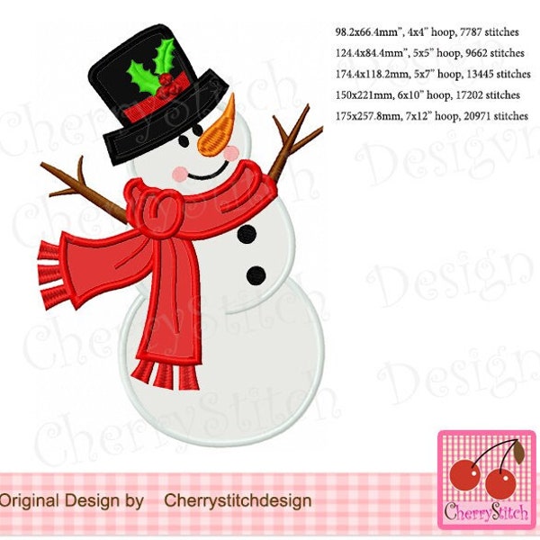 Snowman applique, Snowman with scarf Machine embroidery applique design WIN37