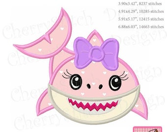 Shark applique, Shark girl with bow/ Sea Animal / Mother's Day / Father's Day /Machine Embroidery Applique Design AN0217