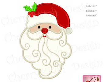 May include: Embroidered design of Santa Claus's face with a white beard and curly mustache, wearing a red hat with a green holly sprig. The design is available in three sizes: 2.68 inches by 3.91 inches, 4.68 inches by 6.87 inches, and 5.92 inches by 8.69 inches.