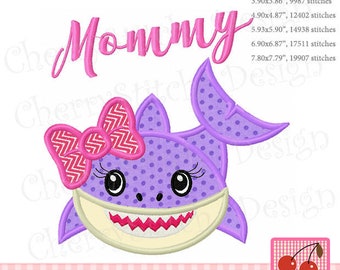 Shark applique, Mommy shark with bow, Mother's Day Father's Day Machine Embroidery Applique Design FM84
