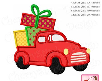 Christmas Vintage red truck , Christmas tree, Christmas gift boxes Machine Embroidery applique  CH0213