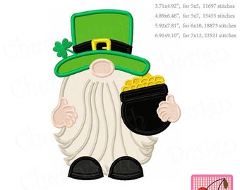 St. Patricks Day Gnome, Pot of gold gnome, Leprechaun machine embroidery applique STP0029