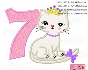 Kitty Number 7, Princess Kitty cat, Birthday number 7 Machine Embroidery Applique ND101