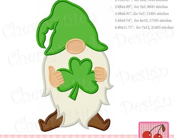 St. Patricks Day Gnome, Gnome with shamrock, Leprechaun Machine Embroidery Applique STP0032