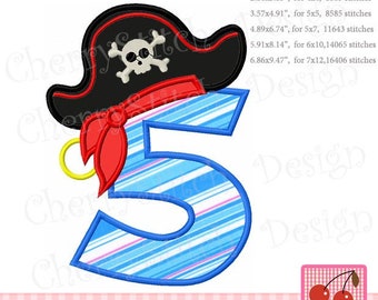 Pirate Number 5 Machine Embroidery, Birthday Decor Pattern, Instant download