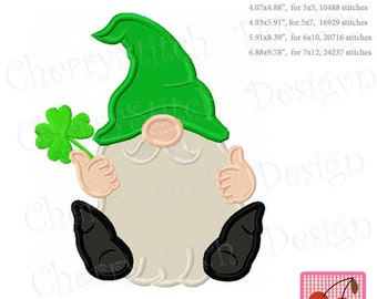 St. Patricks Day Lucky Gnome, Gnome with shamrock ,Sitting Gnome Machine Embroidery Applique STP0030