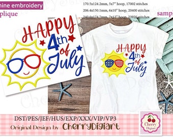 Happy 4th of July Sunshine face Independence Day Machine embroidery applique JULY0055