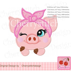 May include: Pink pig with a pink and white bandana, winking with one eye. The pig has brown hooves and a pink snout. The image includes text with different sizes for the pig design in inches and stitches.