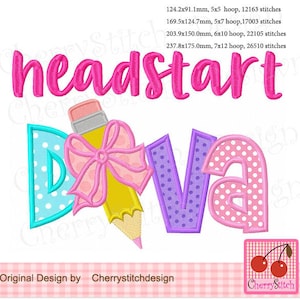 Back to School Headstart Diva Machine Embroidery, pencil bow, pencil applique SCH093